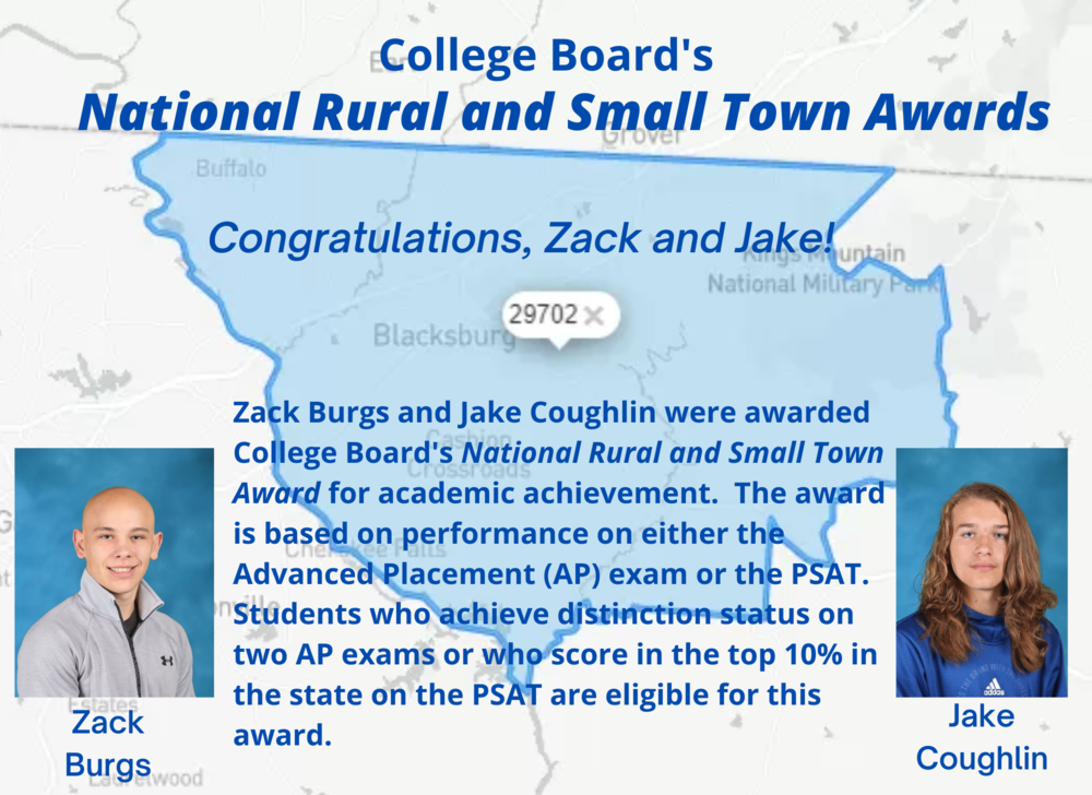 College Board's National Rural and Small Town Awards. Congratulations, Zack and Jake! Zack Burgs and Jake Coughlin were awarded College Board's National Rural and Small Town Award for academic achievement. The award is based on performance on either the AP exam or the PSAT. Students who achieve distinction status on two AP exams or who score in the top 10% in the state on the PSAT are eligible for this award.
