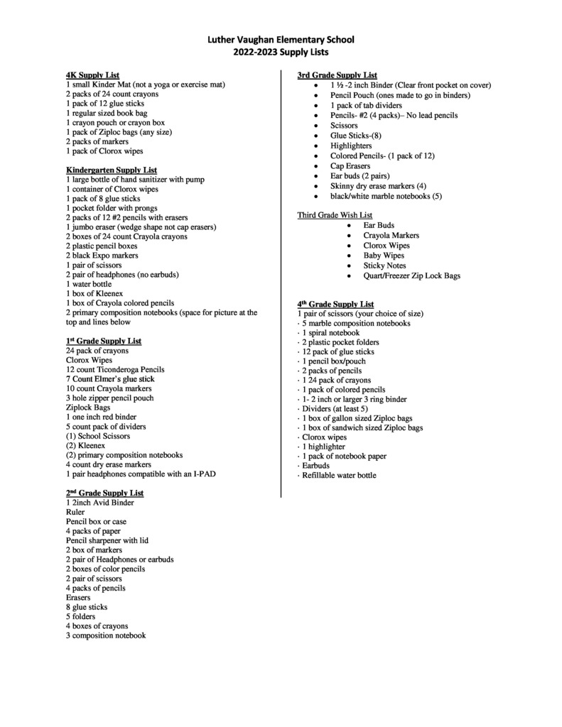 LVES 4K-4th Grade School Supply Lists