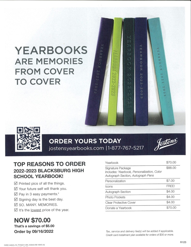 Order your yearbook today! Now $70.00 when you order by September 16th.  Call 1-877-767-5217 or go on line jostenyearbooks.com